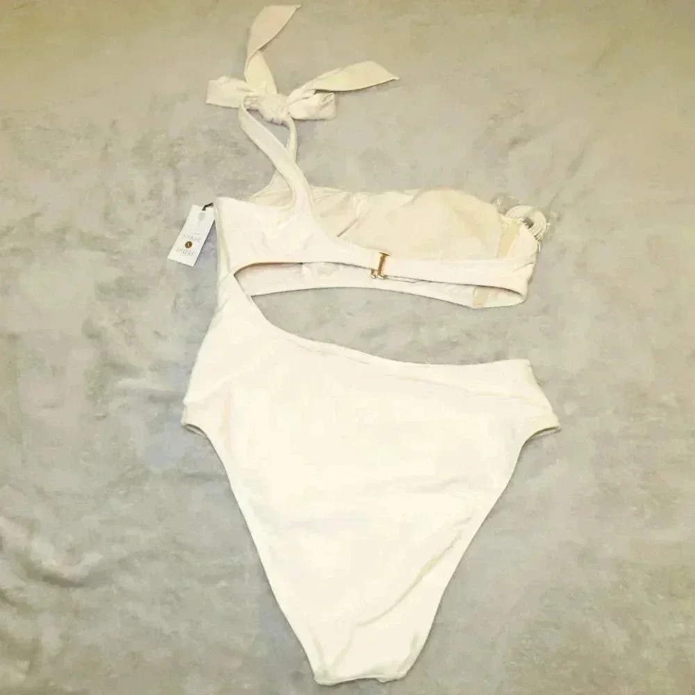 Women's White One Shoulder Bow Cut Out One Piece Swimsuit Size XL NWT